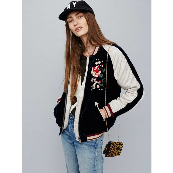 Free People Floral Bird Silk Velvet Bomber Jacket - Picture 2 of 4